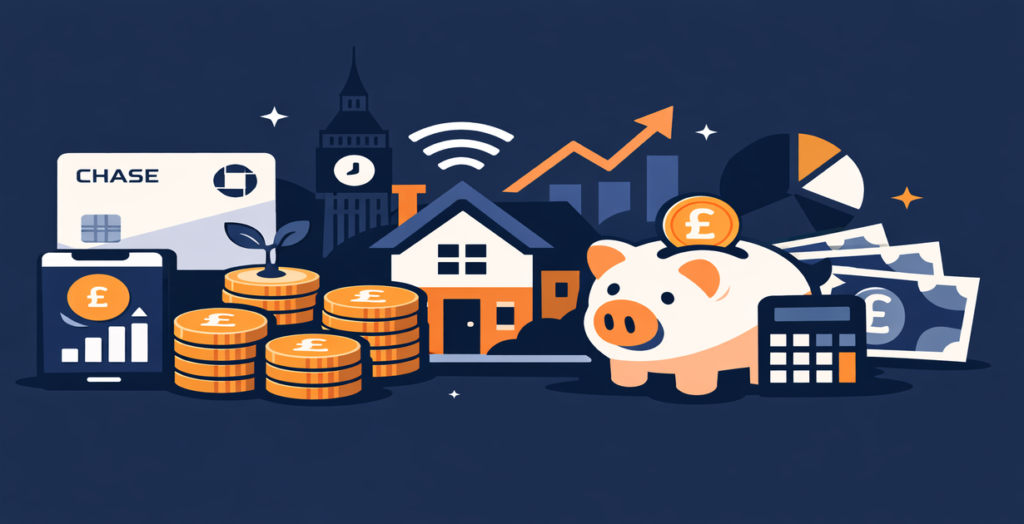 Illustration of Chase UK bank card, piggy bank, coins, house and savings growth chart representing a Chase UK savings account review for 2026