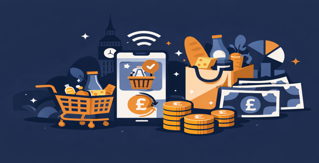 Illustration of grocery shopping items, cashback apps on a phone, coins and pound notes representing ways to save money on UK food shopping in 2026