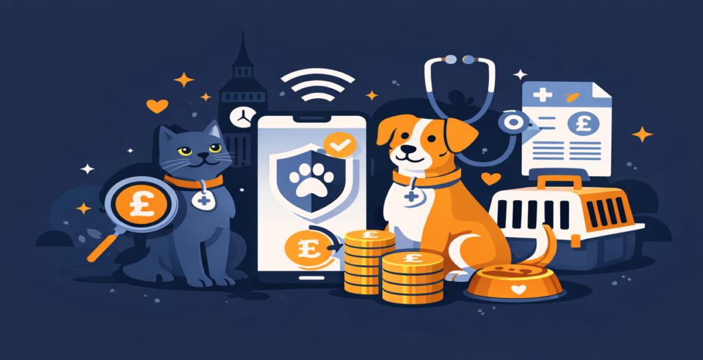 Illustration of a cat and dog with pet insurance icons, vet costs and pound symbols representing rising pet insurance premiums in the UK 2026
