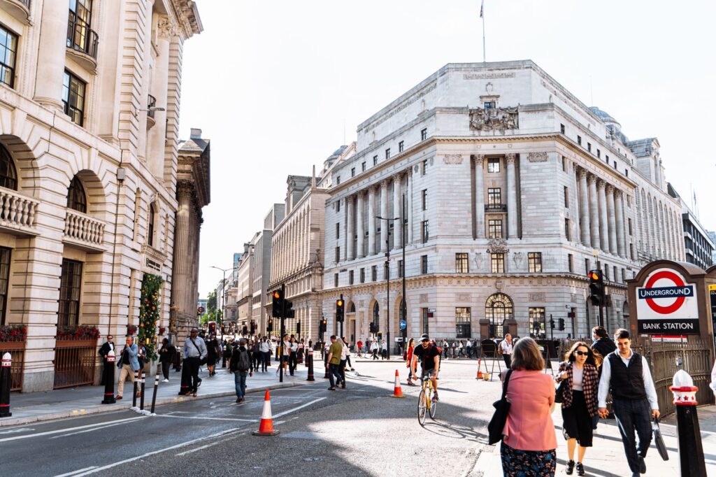 The Bank of England building in the City of London ahead of the 30 July 2026 interest rate decision