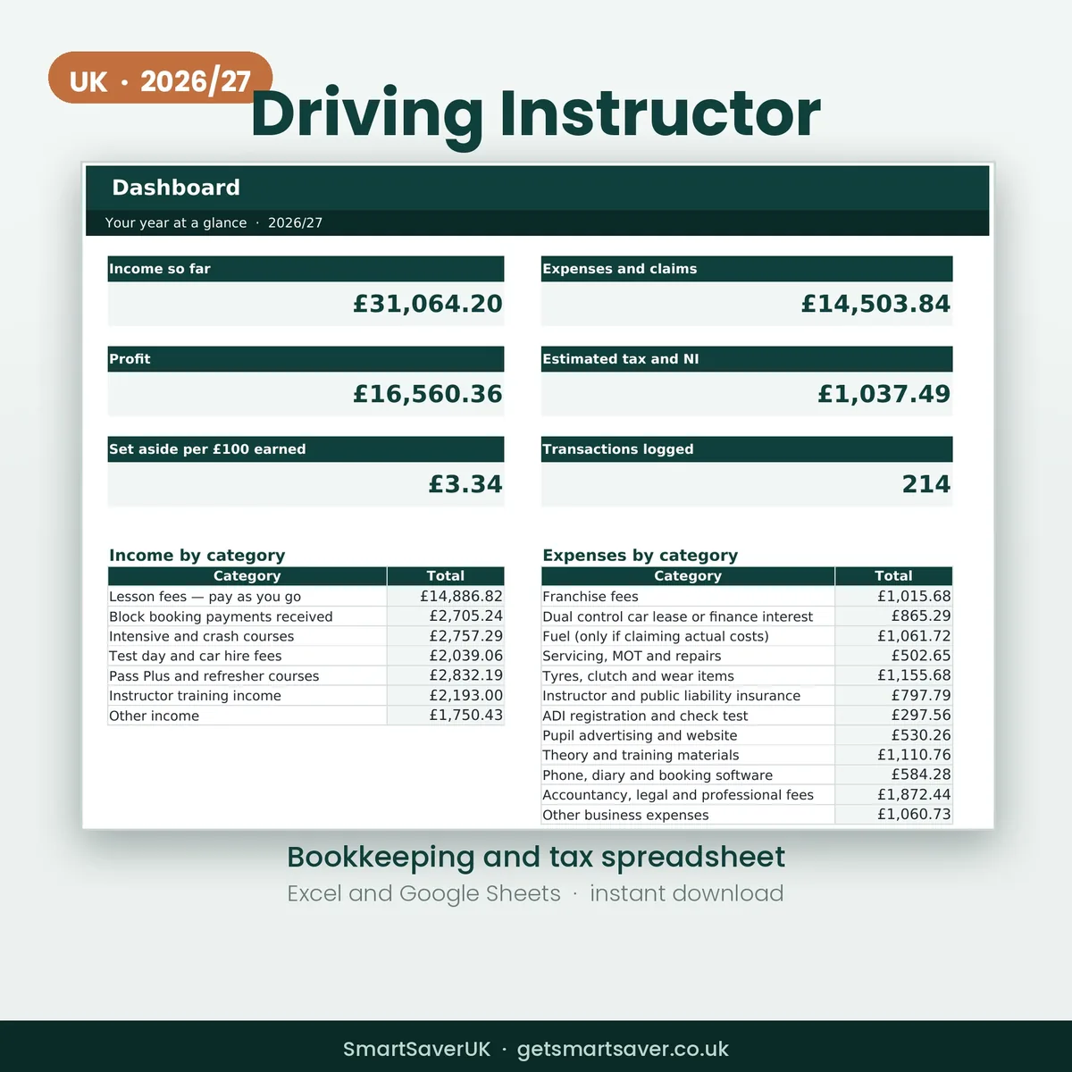 UK Driving Instructor Accounts Spreadsheet 2026/27 — preview 1