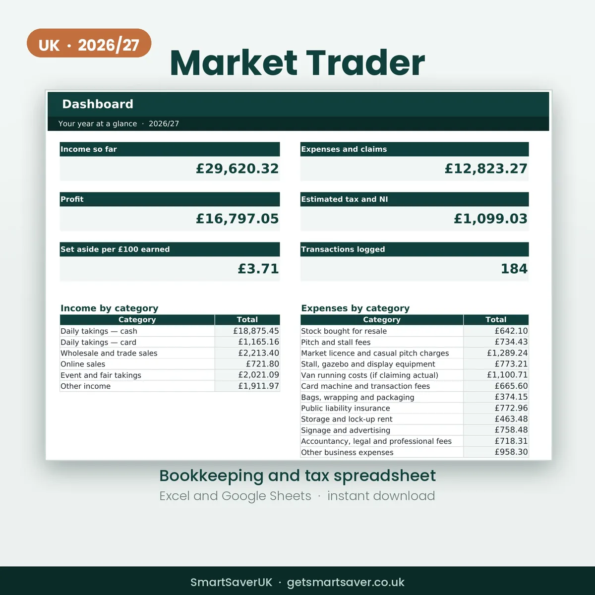 UK Market Trader Takings and Tax Spreadsheet 2026/27 — preview 1