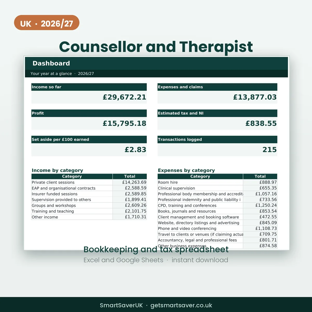 UK Counsellor and Therapist Accounts Spreadsheet 2026/27 — preview 1