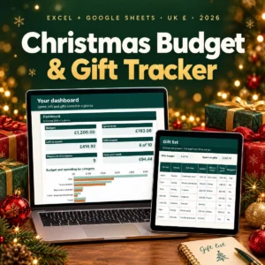 Christmas Budget and Gift Tracker shown on a laptop and tablet