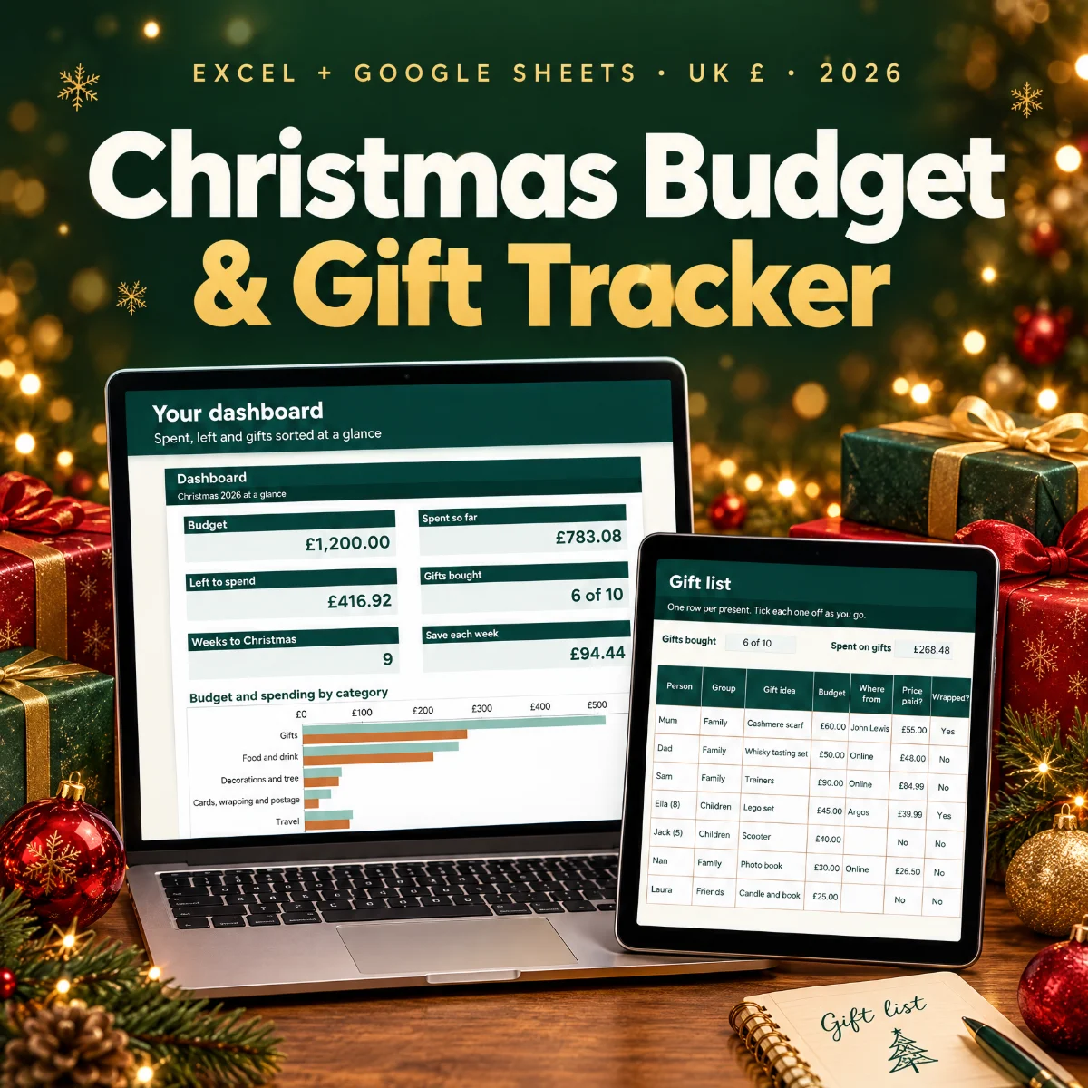 Christmas Budget and Gift Tracker shown on a laptop and tablet