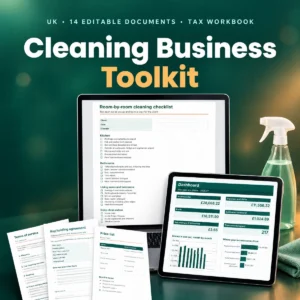 UK cleaner business toolkit documents and tax workbook shown on a laptop and tablet