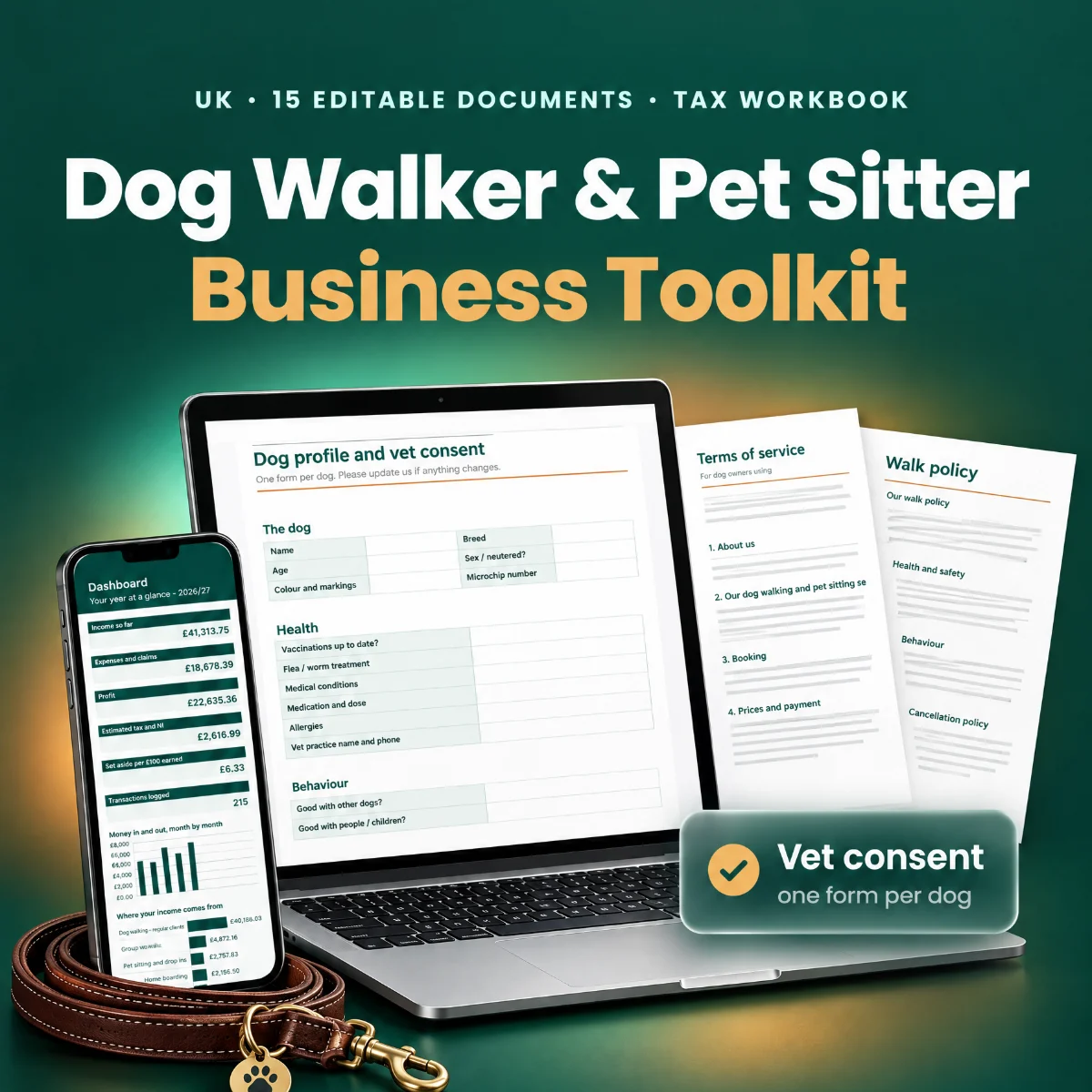 UK dog walker business toolkit documents and tax workbook shown on a laptop and tablet