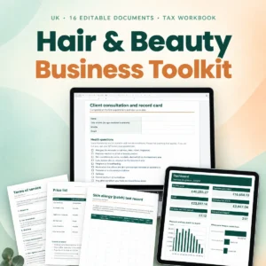 UK hair beauty business toolkit documents and tax workbook shown on a laptop and tablet