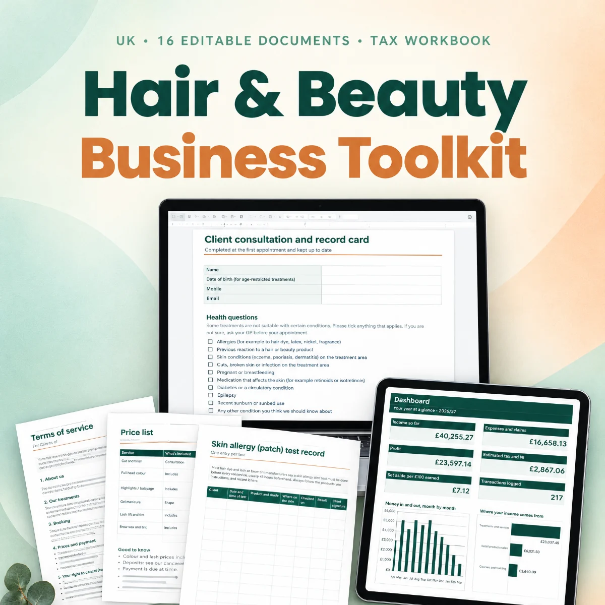 UK hair beauty business toolkit documents and tax workbook shown on a laptop and tablet