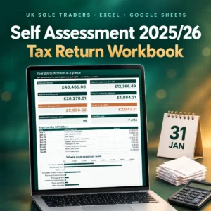 Self Assessment 2025/26 Tax Return Workbook shown on a laptop