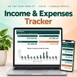 Simple Income and Expenses Tracker 2026/27 shown on a laptop